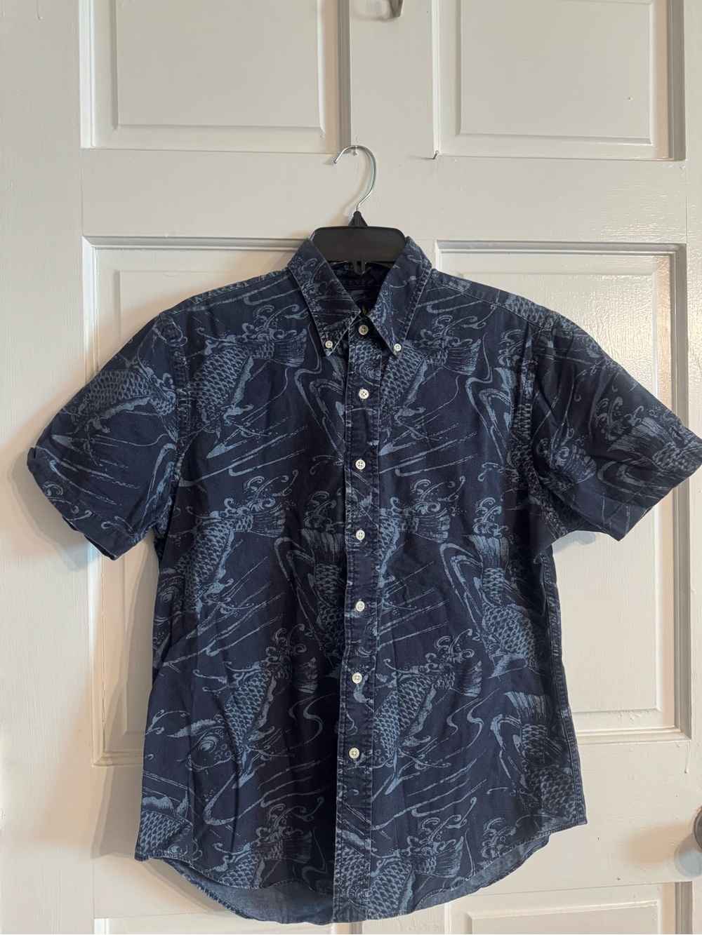Ralph Lauren Navy Short-Sleeve Button-Down with Light Blue Dragon Print